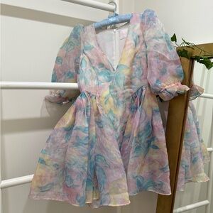 Selkie Dreamy Pastel Blue & Pink Watercolor The Puff Sleeve Mini Dress Medium